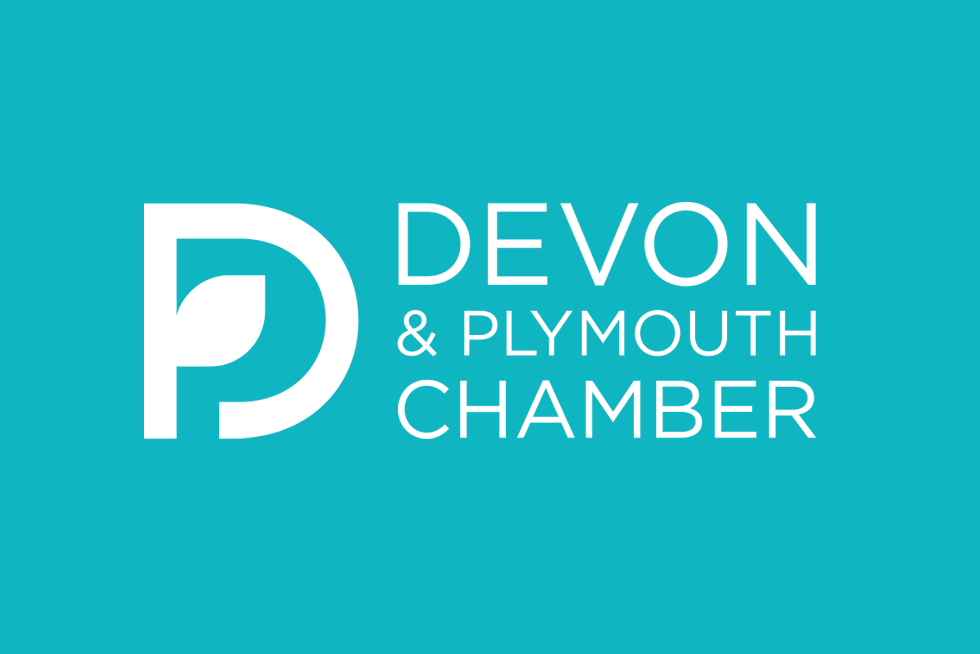 The Devon & Plymouth Chamber logo on teal: a white DP monogram beside the words Connect, Grow, Succeed.