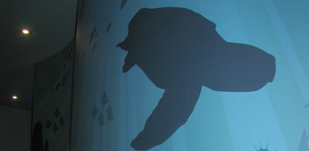 Photo of the illustration at the National Marine Aquarium featuring Snorkel the turtle