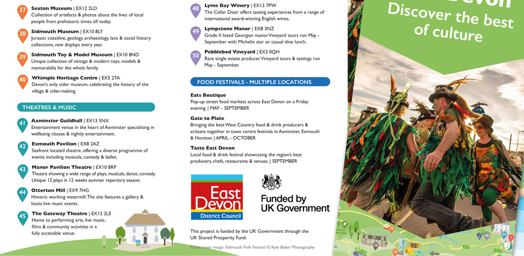 East Devon District Council Map (leaflet-1) 1024x500 Leaflet design featuring map of East Devon and listing of cultural heritage and arts events